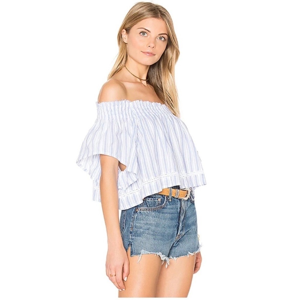 Faithfull The Brand Off Shoulder Striped Cropped Top Blue White Size 4